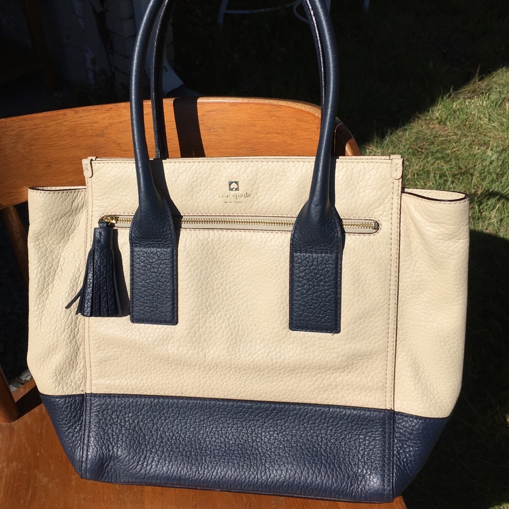 Navy and cream leather tote